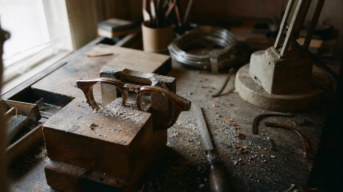 Acetate frames mid-polish on the workbench