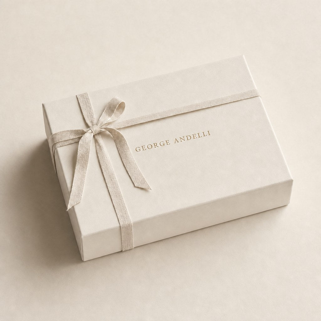 A George Andelli order boxed in ivory card with a gold wordmark and woven ribbon
